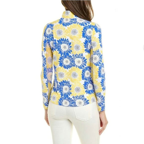 IBKUL Ruthie Sunflower UPF 50 Long Sleeve Quarter Zip Mock Neck Top Yellow Blue - Picture 2 of 14